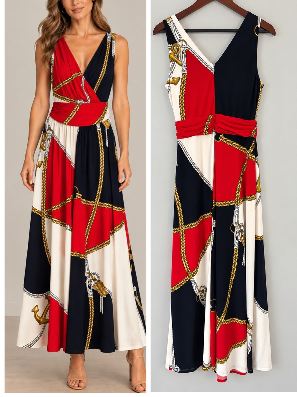 Ralph Lauren Women’s Nautical Scarf Print Rope Chain Sleeveless Maxi Dress 6